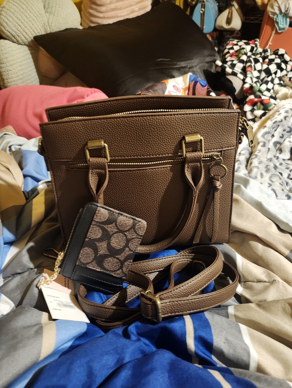Brown Structured Top-Handle Tote with Coin Pouch